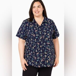 Woman Within Floral Button-Up Shirt Navy Blue Short Sleeve Size 2X Cheerful